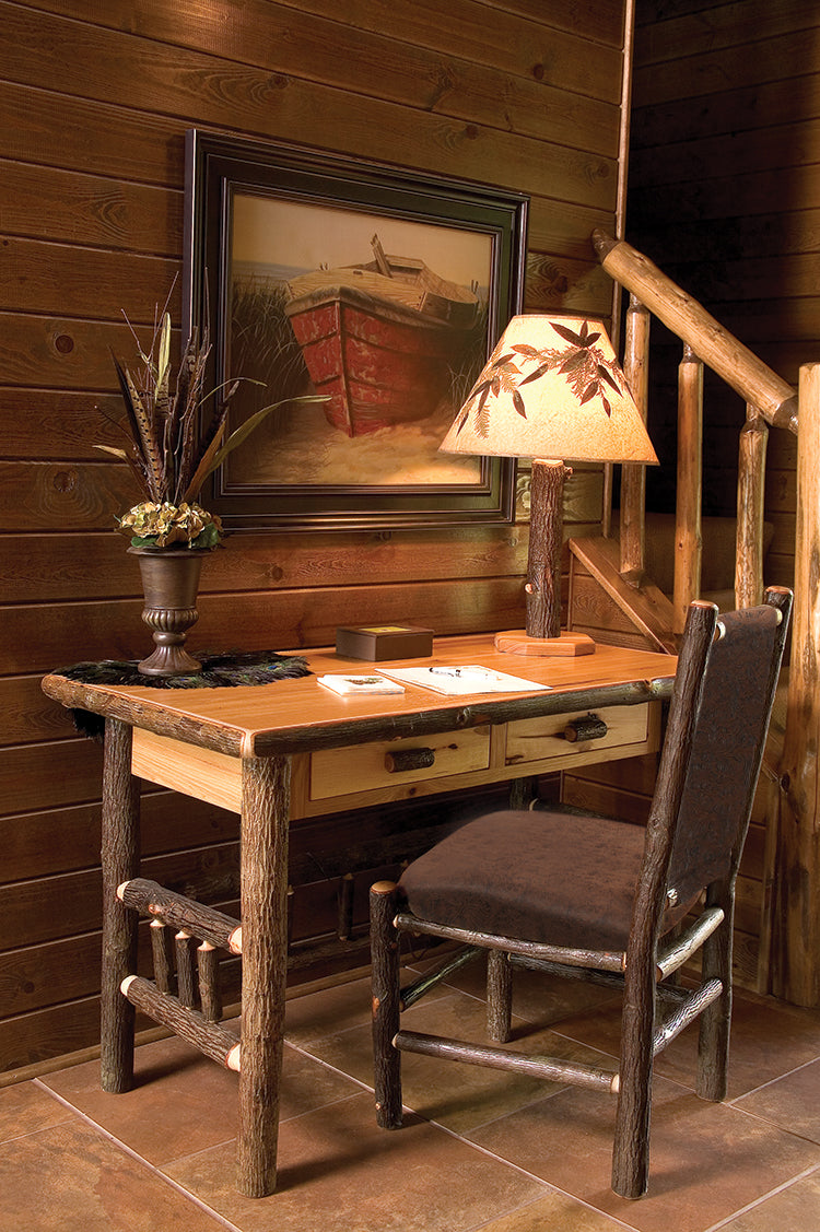 Marble Mountain Hickory Log Two Drawer Writing Desk in a cabin home office