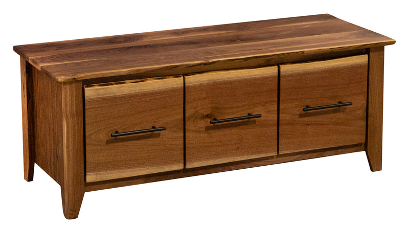 Angled view of the Marcellina Mountain Live Edge Walnut Entry Bench
