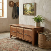 Marcellina Mountain Live Edge Walnut Entry Bench under coat hooks in a bright entryway