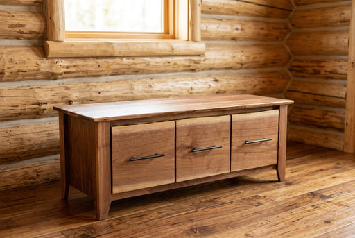 Marcellina Mountain Live Edge Walnut Entry Bench staged in a sunlit log cabin entryway