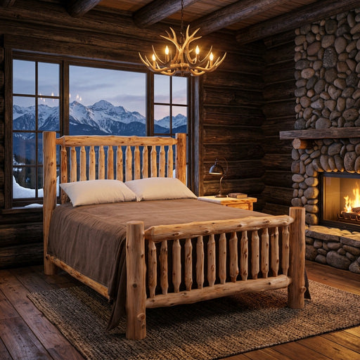 Maroon Bells Cedar Log Spindle Bed staged in a log cabin bedroom with river rock fireplace, antler chandelier, and mountain view