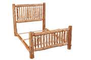 Angled frame view of the Maroon Bells Cedar Log Spindle Bed showing side rails and slat system
