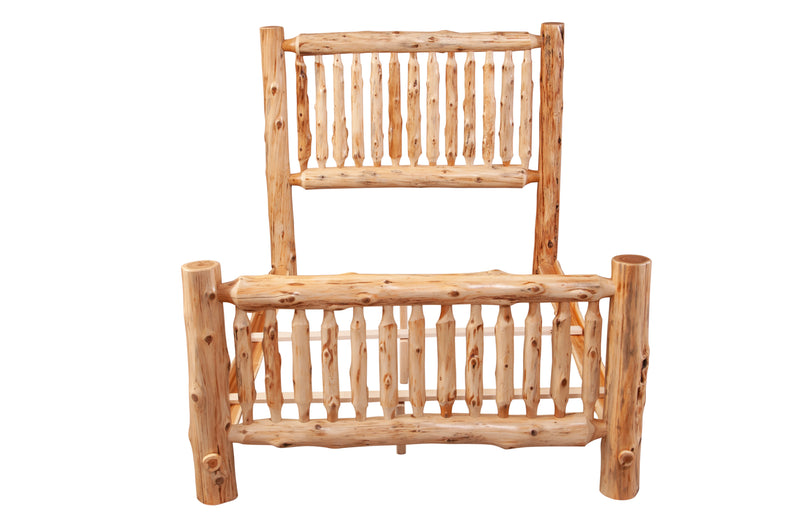Front view of the Maroon Bells Cedar Log Spindle Bed frame without mattress showing hand-peeled cedar spindles