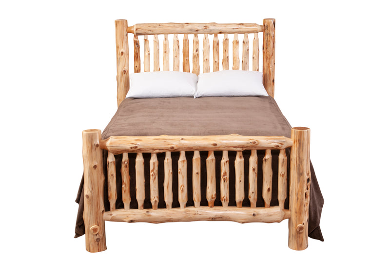 Front view of the Maroon Bells Cedar Log Spindle Bed showing the log spindle headboard and footboard