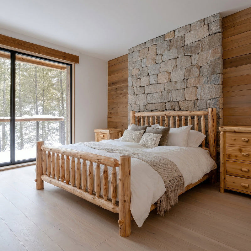 Maroon Bells Cedar Log Spindle Bed in a bright modern cabin bedroom with a stone accent wall and lake view