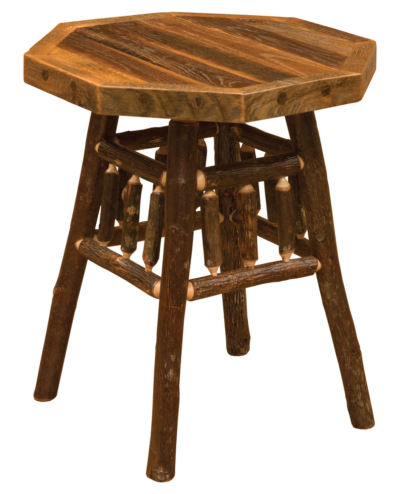 Angled view of the Maroon Peak Barnwood and Hickory Teton Nightstand showing the eight-sided barnwood top and hickory base