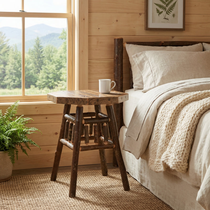 Maroon Peak Barnwood and Hickory Teton Nightstand with a mug beside a bed near a window with mountain views