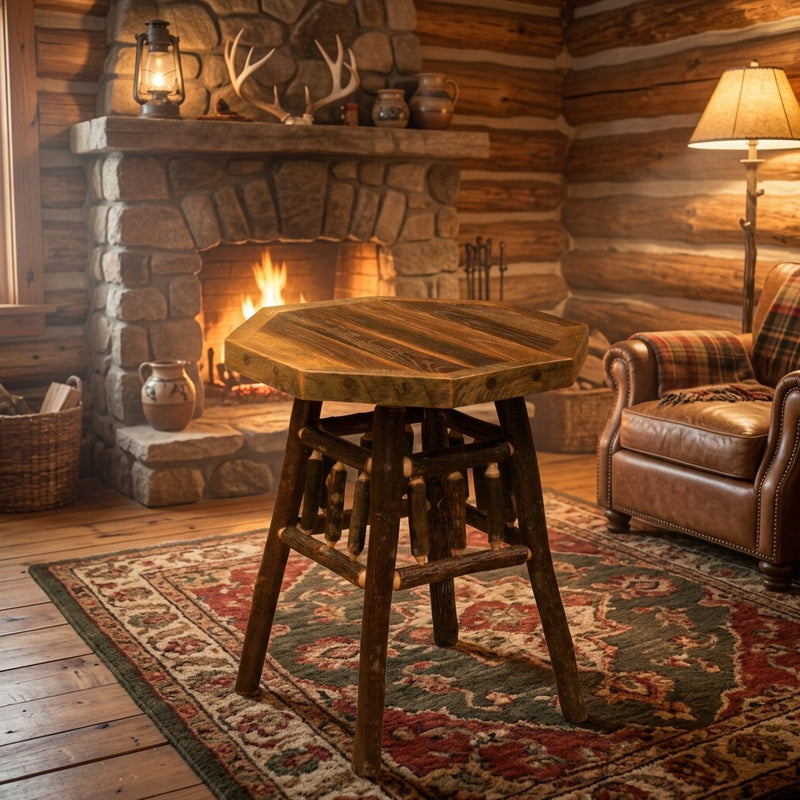 Maroon Peak Barnwood and Hickory Teton Nightstand staged as an accent table in a log cabin living room by a stone fireplace