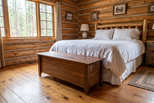 Matchless Mountain Live Edge Walnut Blanket Chest staged in a sunlit log cabin bedroom