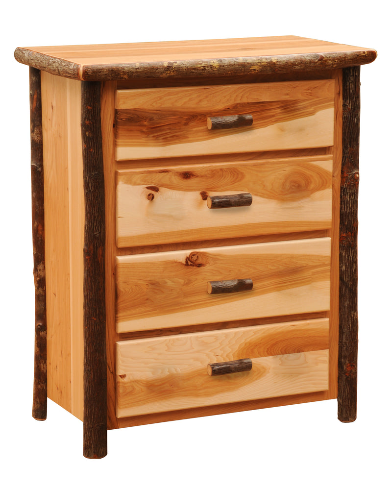 Angled view of the Matterhorn Peak Hickory Log Chest of Drawers in Natural showing four drawers and bark-on log posts