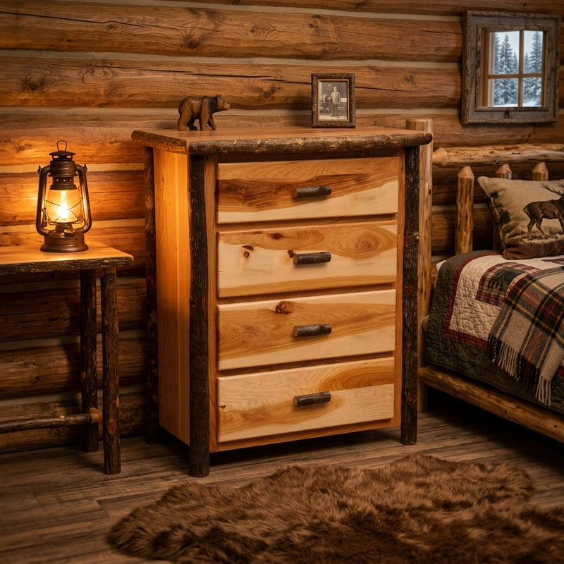 Matterhorn Peak Hickory Log Chest of Drawers in a rustic log cabin bedroom beside a lantern-lit side table