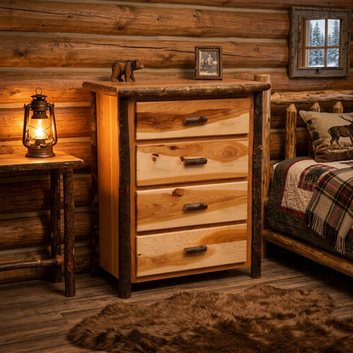 Matterhorn Peak Hickory Log Chest of Drawers in a rustic log cabin bedroom beside a lantern-lit side table