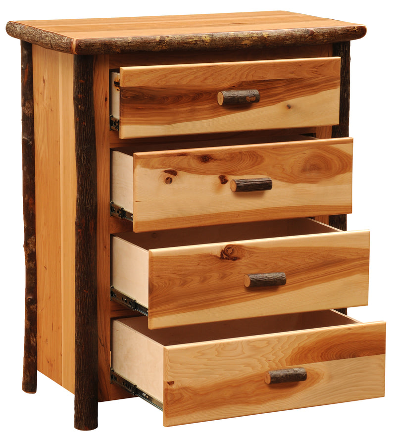 Angled view of the Matterhorn Peak Hickory Log Chest of Drawers with all four drawers open