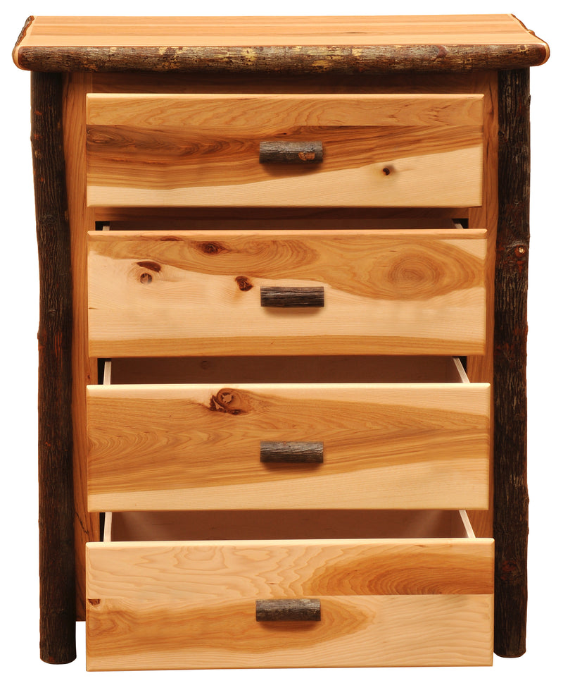 Front view of the Matterhorn Peak Hickory Log Chest of Drawers with two drawers pulled out