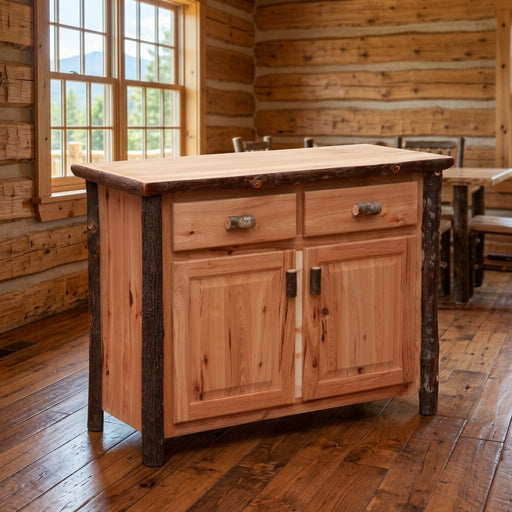 McClellan Mountain Hickory Log Buffet staged in a sunlit log cabin dining room