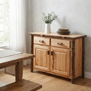 McClellan Mountain Hickory Log Buffet in Natural in a bright cabin dining room