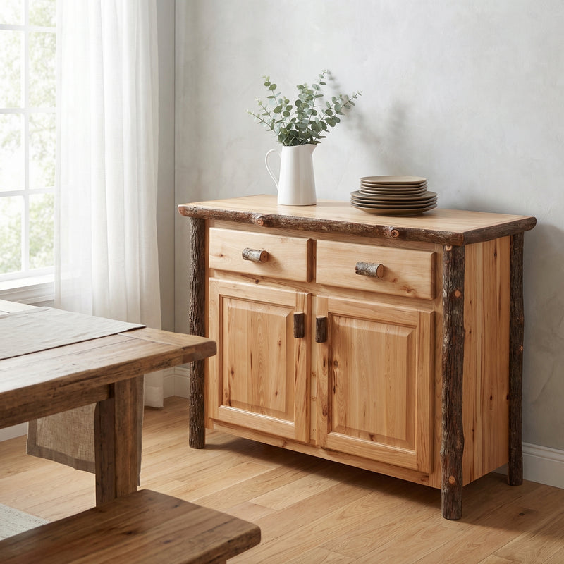 McClellan Mountain Hickory Log Buffet in Natural in a bright cabin dining room
