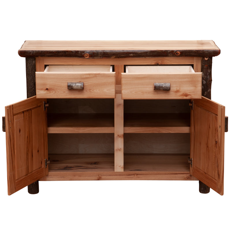 Front view of the McClellan Mountain Hickory Log Buffet with doors open