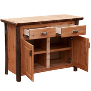 Angled view of the McClellan Mountain Hickory Log Buffet with doors open