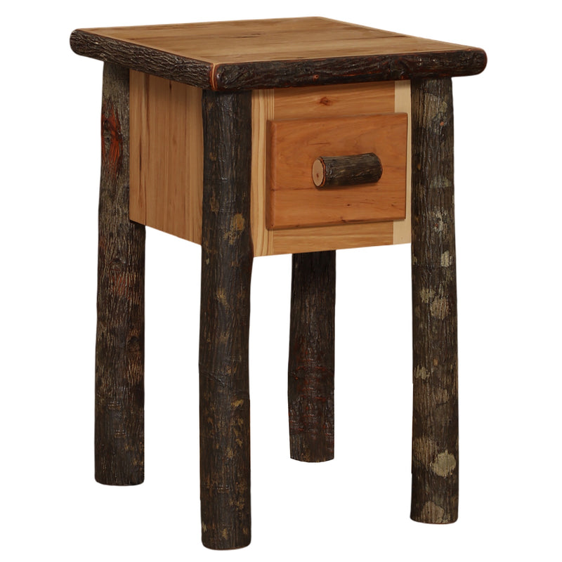 Angled view of the McGregor Mountain Hickory Log One Drawer Nightstand