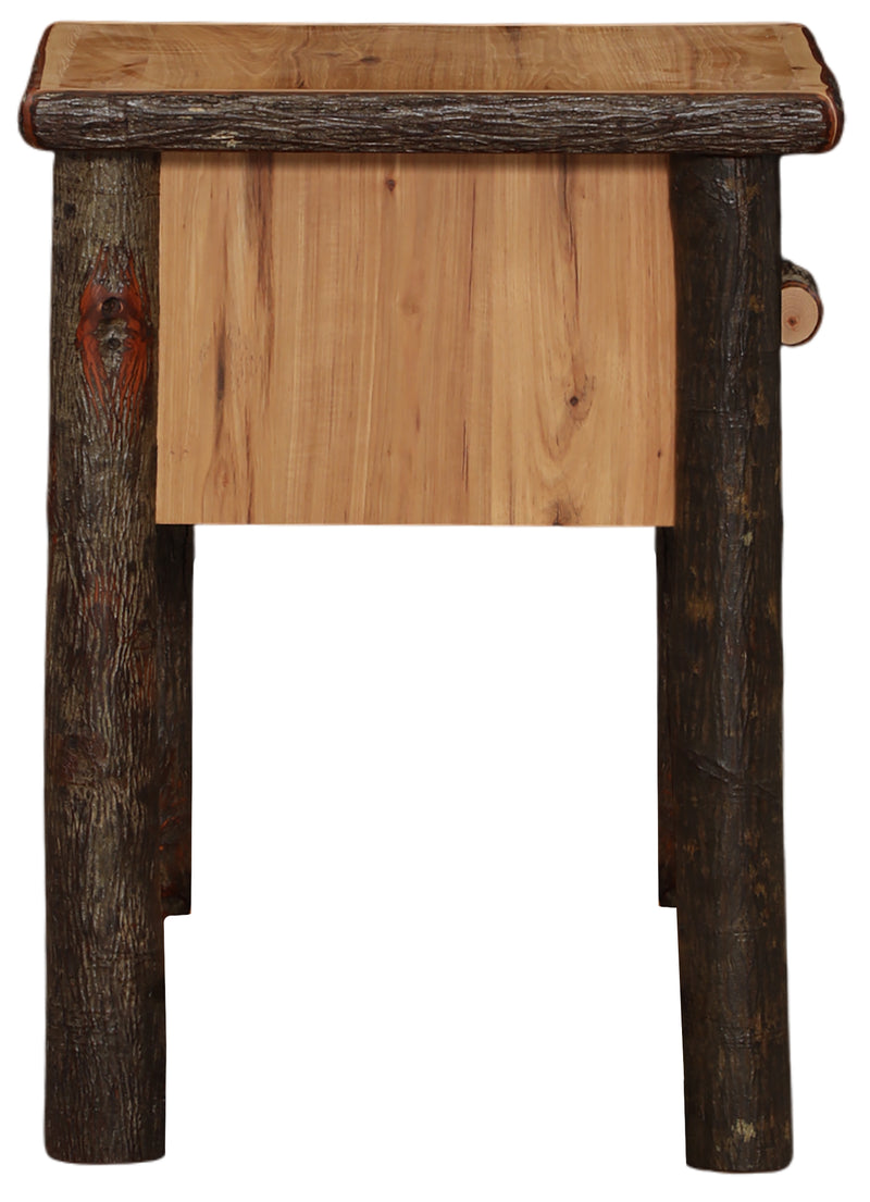 Side view of the McGregor Mountain Hickory Log One Drawer Nightstand