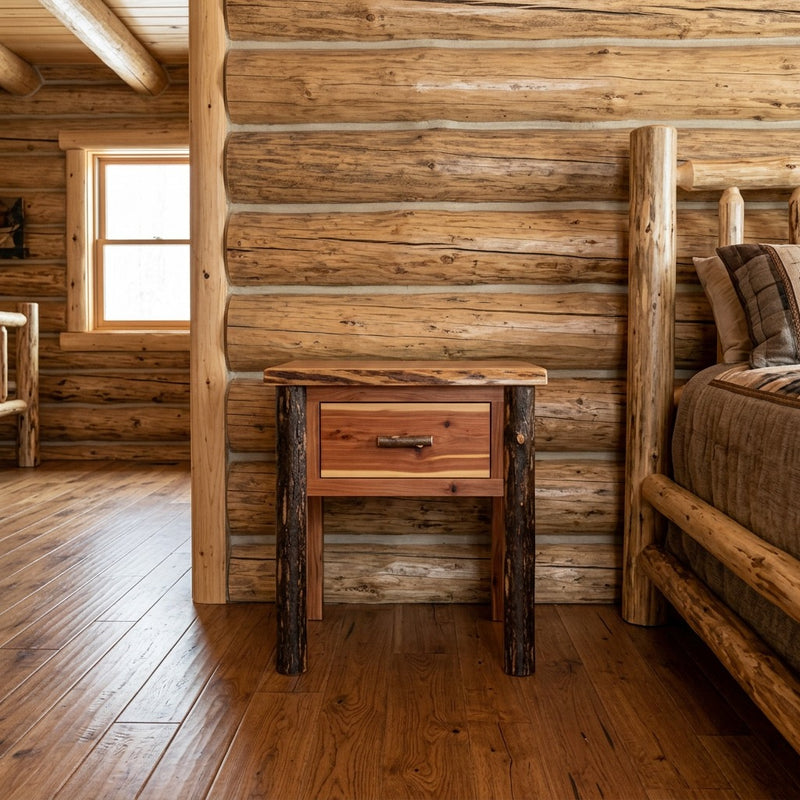 McGregor Mountain Hickory Log One Drawer Nightstand staged in a sunlit log cabin bedroom