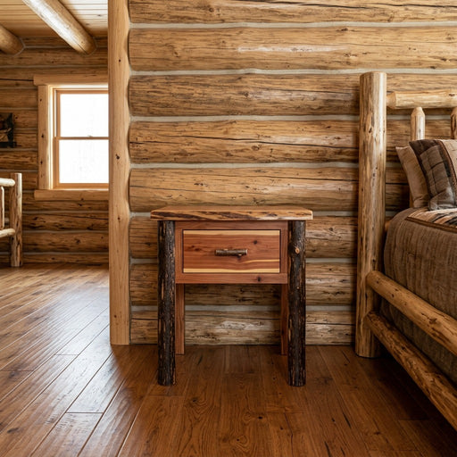 McGregor Mountain Hickory Log One Drawer Nightstand staged in a sunlit log cabin bedroom