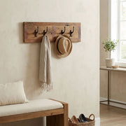 Meadow Mountain Reclaimed Barnwood Wall Coat Rack with coats and a hat above an entry bench