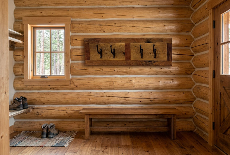 Meadow Mountain Reclaimed Barnwood Wall Coat Rack staged in a sunlit log cabin entryway