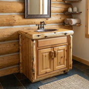 Mears Peak Cedar Log Vanity in the 30-inch layout in a bathroom