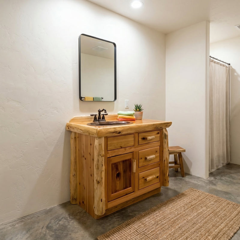 Mears Peak Cedar Log Vanity in the 36-inch sink-left layout in a bathroom