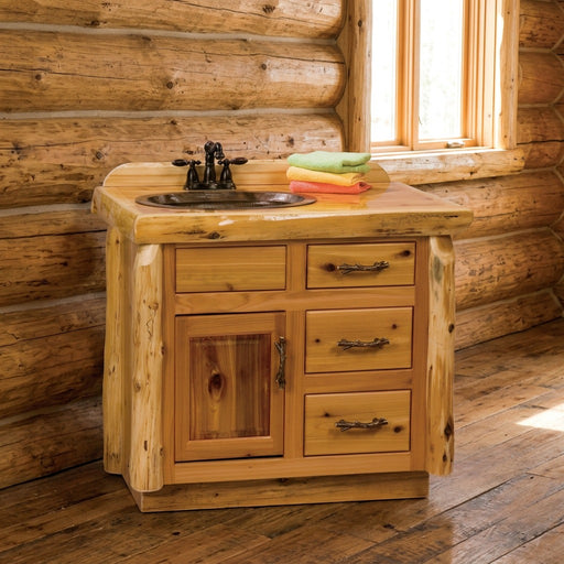 Mears Peak Cedar Log Vanity staged in a sunlit log cabin bathroom