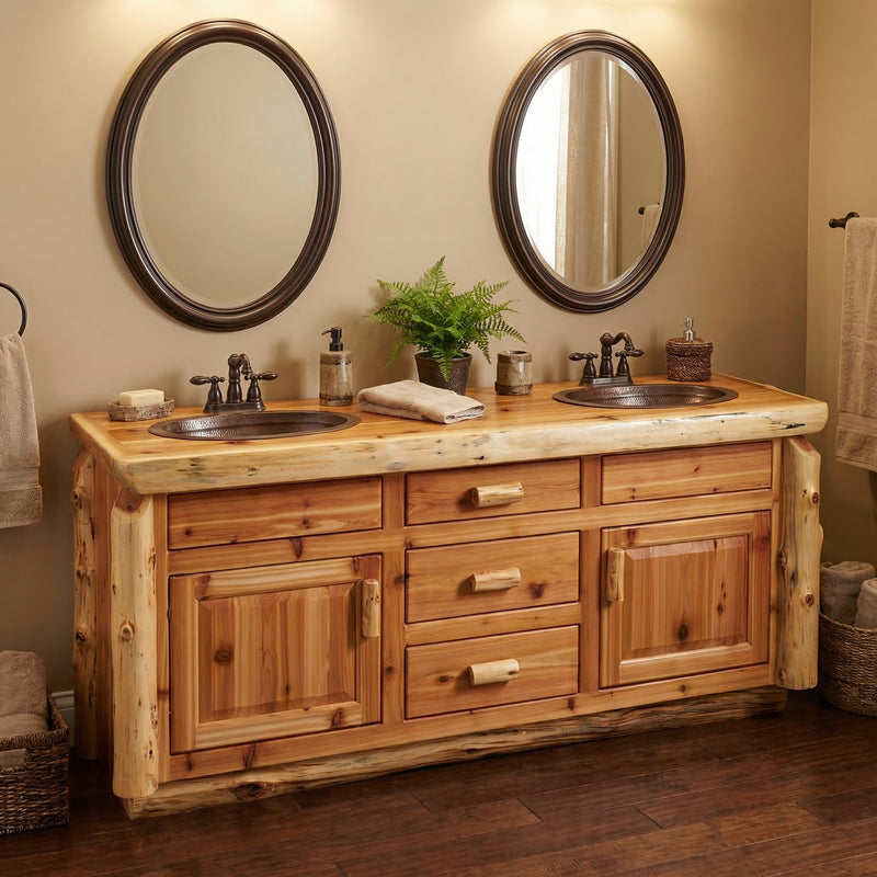 Mears Peak Cedar Log Vanity in the 72-inch double-sink layout in a bathroom