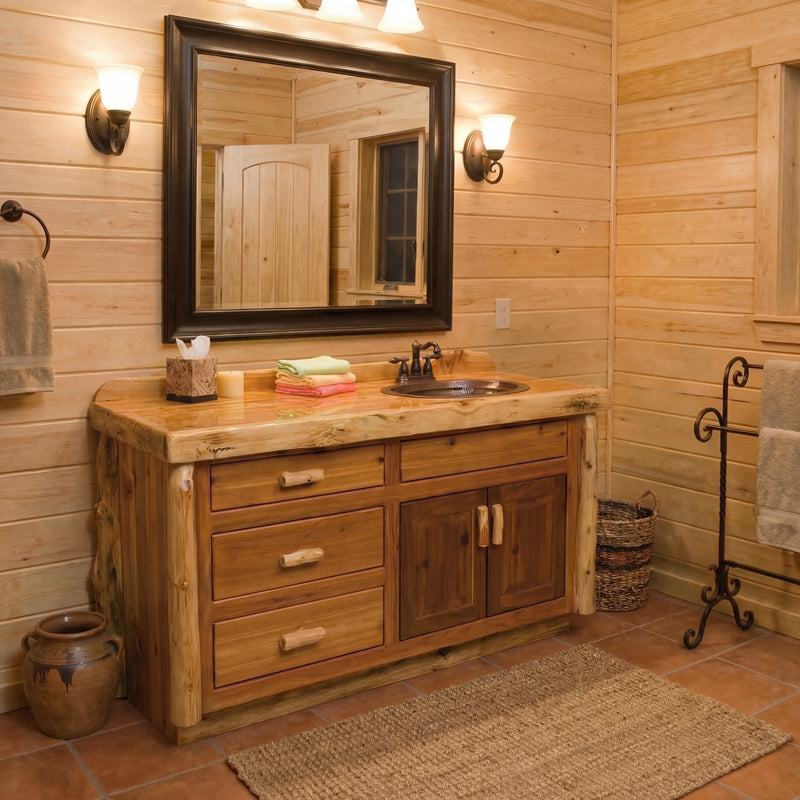 Mears Peak Cedar Log Vanity in the 60-inch sink-left layout in a bathroom