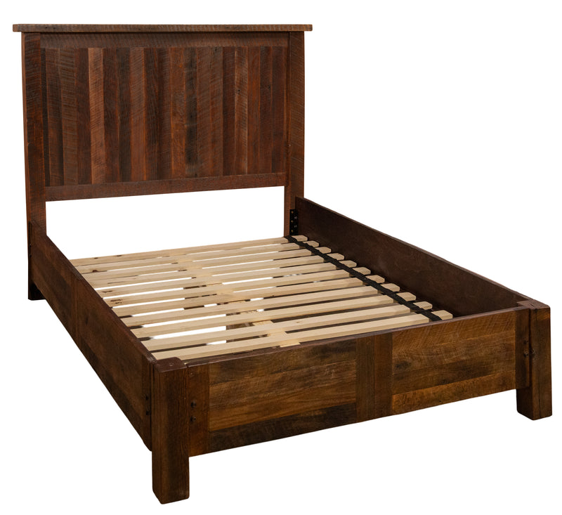 Angled view of the Medano Peak Reclaimed Barnwood Panel Bed with Rail System