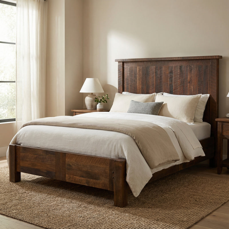 Medano Peak Reclaimed Barnwood Panel Bed with Rail System with layered bedding in a cozy bedroom