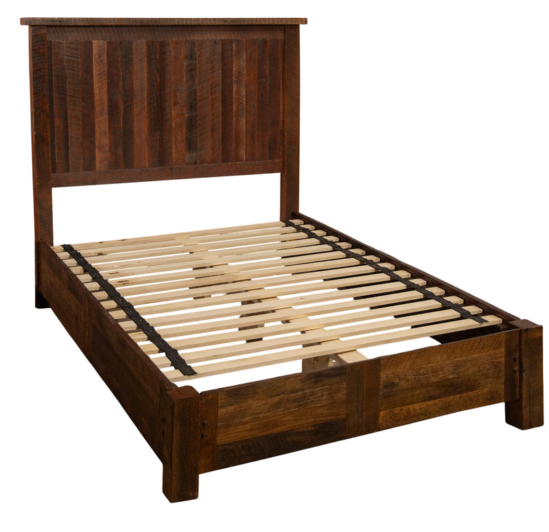 Second angled view of the Medano Peak Reclaimed Barnwood Panel Bed with Rail System showing the rail system and slats