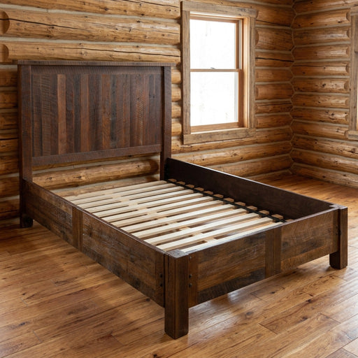 Medano Peak Reclaimed Barnwood Panel Bed with Rail System staged in a sunlit log cabin bedroom