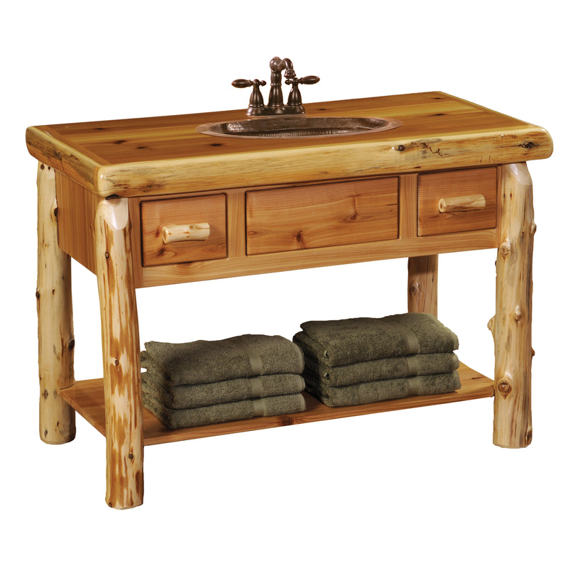 Angled view of the Methodist Mountain Cedar Log Two Drawer Vanity with Slab Top (shown without the towel bar)