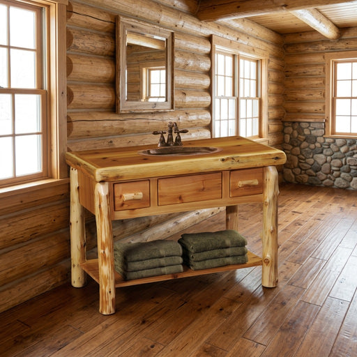 Methodist Mountain Cedar Log Two Drawer Vanity with Slab Top staged in a sunlit log cabin bathroom