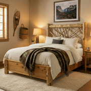Milwaukee Peak Cedar Log Twig Bed with Rail System with layered bedding in a cozy bedroom