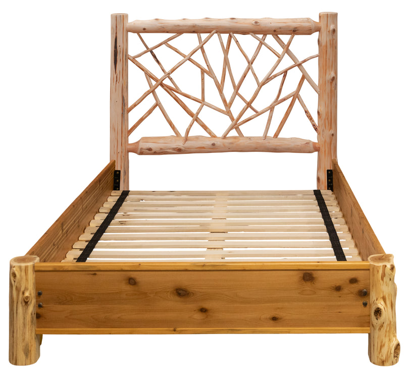 Front view of the Milwaukee Peak Cedar Log Twig Bed with Rail System