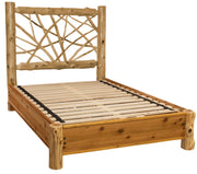 Second angled view of the Milwaukee Peak Cedar Log Twig Bed with Rail System showing the rail system and slats