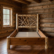 Milwaukee Peak Cedar Log Twig Bed with Rail System staged in a sunlit log cabin bedroom
