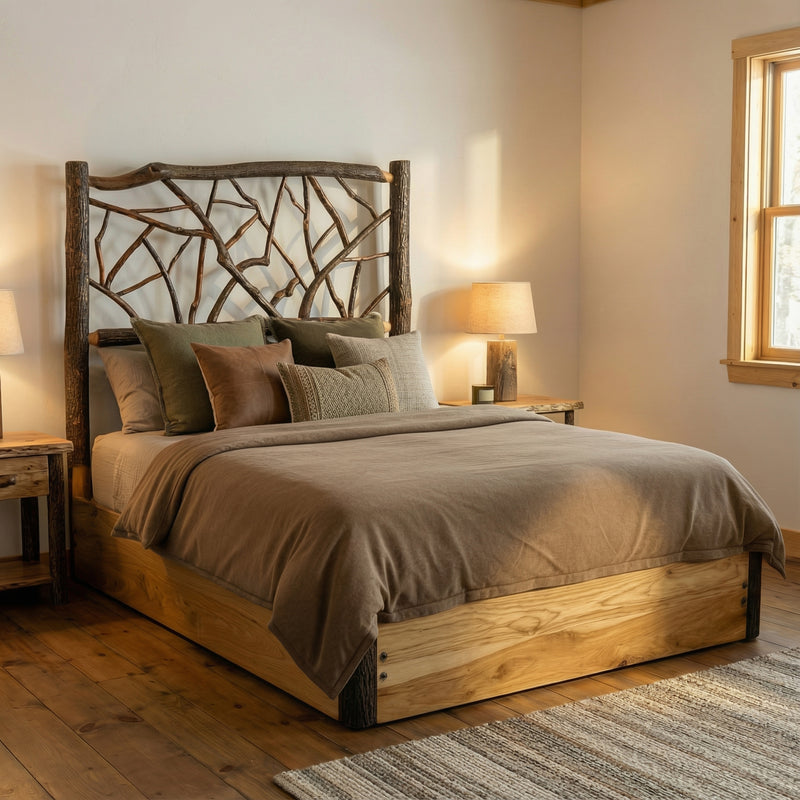 Missouri Mountain Hickory Twig Platform Bed with neutral layered bedding and twin lamps in a softly lit rustic bedroom