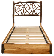 Front view of the Missouri Mountain Hickory Twig Platform Bed with hickory branch headboard and hardwood platform base