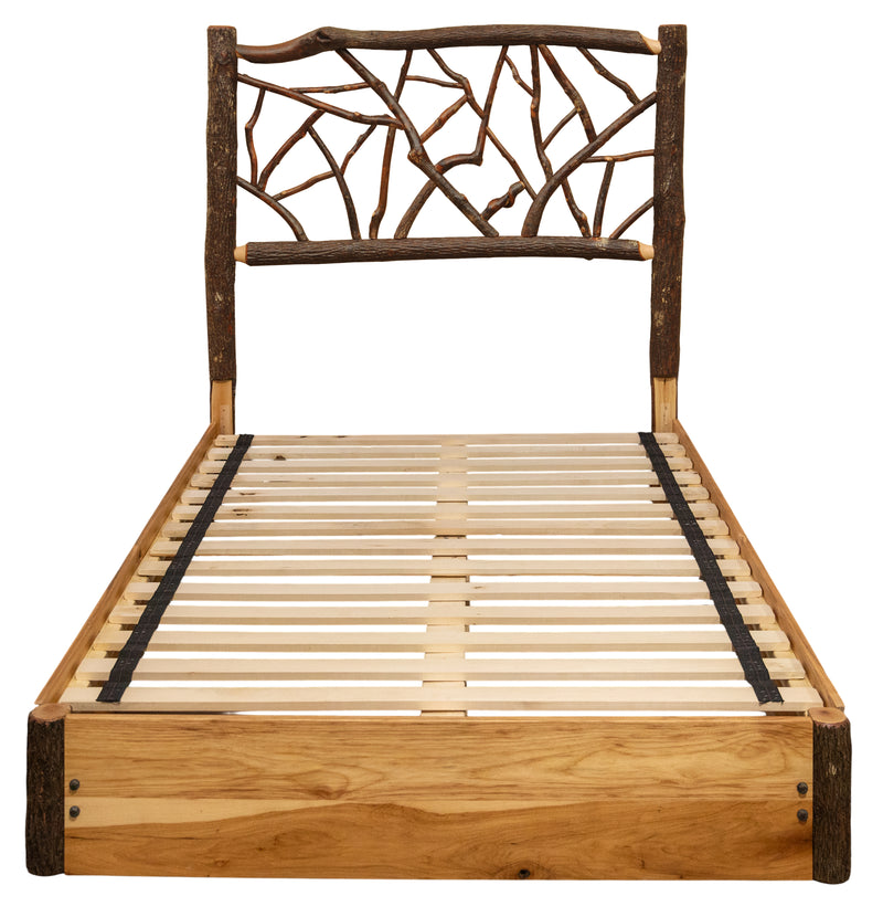 Front view of the Missouri Mountain Hickory Twig Platform Bed with hickory branch headboard and hardwood platform base