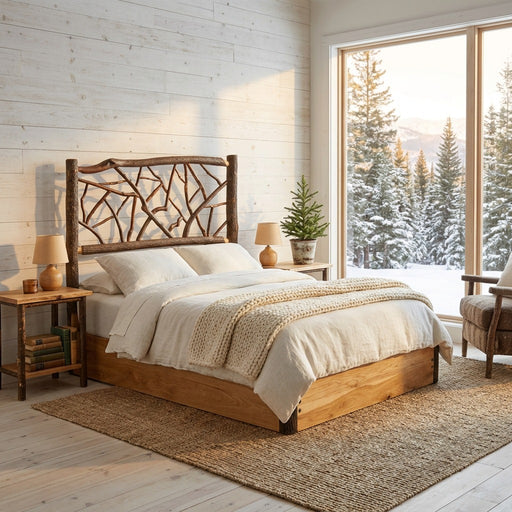 Missouri Mountain Hickory Twig Platform Bed staged in a whitewashed cabin bedroom with a jute rug and a snowy pine forest window view