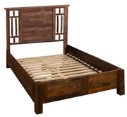 Angled view of the Monumental Peak Barnwood and Hickory Windowpane Bed with Rail System