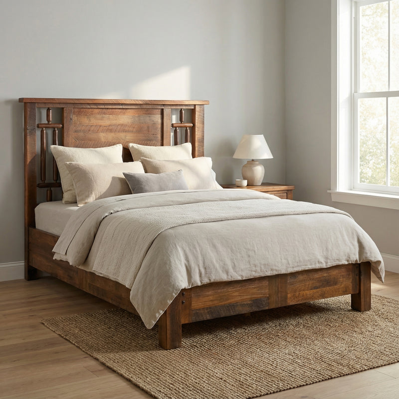 Monumental Peak Barnwood and Hickory Windowpane Bed with Rail System with layered bedding in a cozy bedroom